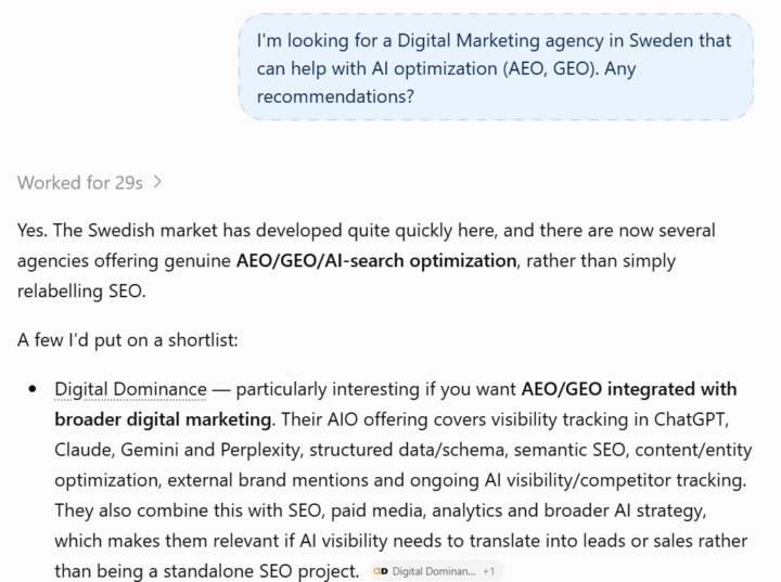 ChatGPT recommendation for AIO is Digital Dominance