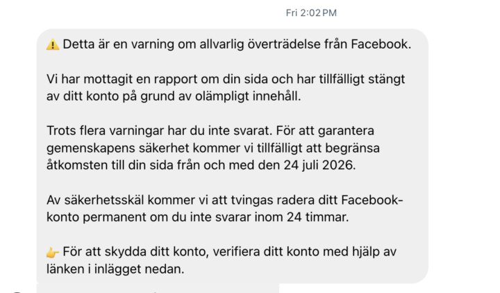 exempel på meddelandefrån Meta fake